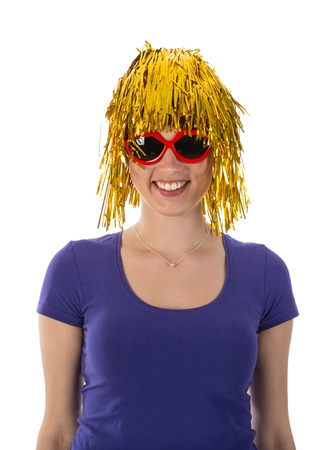 Woman with funny yellow wig and red sunglassesの写真素材