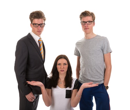 Girl has to choose one boy from two twin brothers, one boy is businessman, the other is a sportsman の写真素材