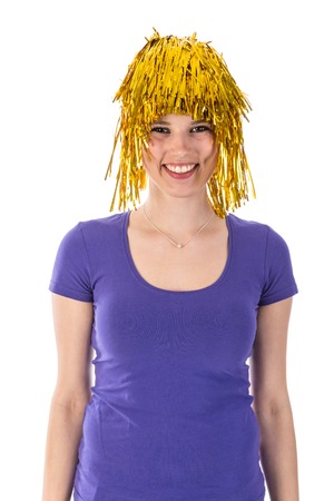 Pretty woman with yellow carnival wigの写真素材