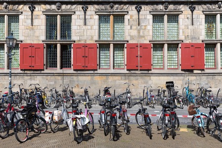 Bicycles in front of an old Dutch historic buildingのeditorial素材
