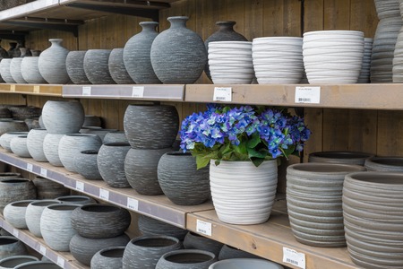 Garden shop with stone and ceramic flowerpotsのeditorial素材