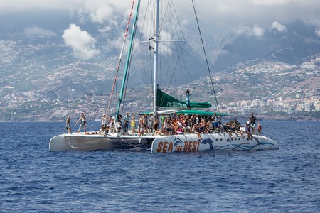 FUNCHAL, PORTUGAL - AUG 08: Tourists making a whale watching boat trip on August 08, 2014 at the ocean near Funchal, capital city of Madeira, Portugalのeditorial素材