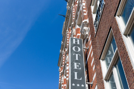 Facade of hotel in Amsterdam with empty copyspace, The Netherlandsのeditorial素材