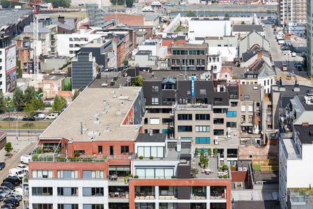 ANTWERP, BELGIUM - AUG 13: Aerial view of Antwerp port area from museum MAS roof terrace on August 13, 2015 in the harbor of Antwerp, Belgiumのeditorial素材