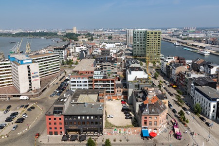 ANTWERP, BELGIUM - AUG 13: Aerial view of Antwerp port area from roof terrace museum MAS on August 13, 2015 in the harbor of Antwerp, Belgiumのeditorial素材