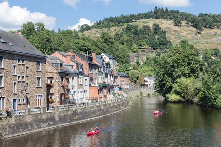 LA ROCHE-EN-ARDENNES, BELGIUM - AUG 13: People with Kayaks on August 14, 2016 at river Ourthe in the historic centre of La Roche-en-Ardenne, Belgiumのeditorial素材