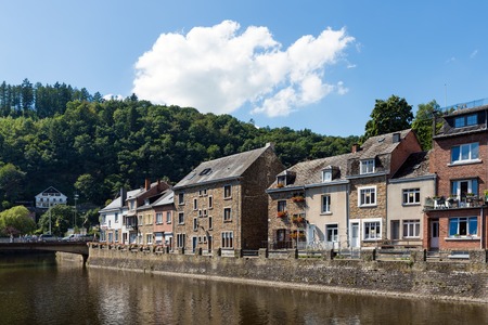 LA ROCHE-EN-ARDENNES, BELGIUM - AUGUST 14, 2016: River Ourthe in the historic centre of La Roche-en-Ardenne in Belgian Ardennesのeditorial素材