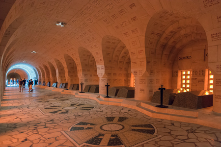 VERDUN, FRANCE - AUGUST 19, 2016: Visitors in the Douaumont Ossuary, a memorial containing the remains of soldiers died during the Battle of Verdun in First World War One.のeditorial素材