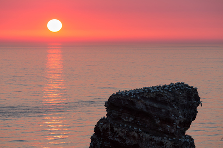 Beautiful sunset at most western point of German island Helgoland near a cliff named lange Annaの写真素材