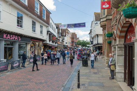CANTERBURY, ENGLAND - JUNE 07, 2017: Shopping street with people downtown old historic Canterbury city, Kent, Englandのeditorial素材