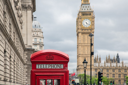 Red call box at Parliament square near Big Ben in London, UKのeditorial素材