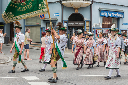 BERCHTESGADEN, GERMANY - JULY 09, 2017: Local festival with parade of fanfare and people dressed in traditonal costumes. Every village from the neighbourhoud has his own costumes.のeditorial素材