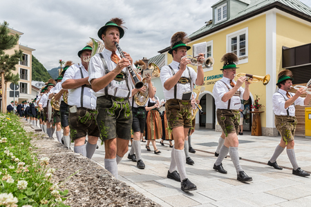 BERCHTESGADEN, GERMANY - JULY 09, 2017: Local festival with parade of fanfare and people dressed in traditonal costumes. Every village from the neighbourhoud has his own costumes.のeditorial素材