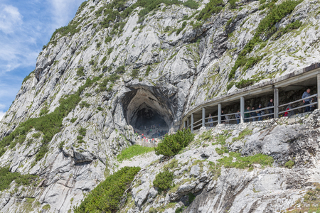 WERFEN, AUSTRIA - JULY 19, 2017: People walking at hiking trail through Austrian mountains near Werfen to ice cave Eisriesenweltのeditorial素材