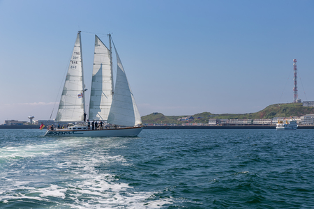 Helgoland, Germany - May 20, 2017: German sailing ship with passengers entering harbor of Helgolandのeditorial素材