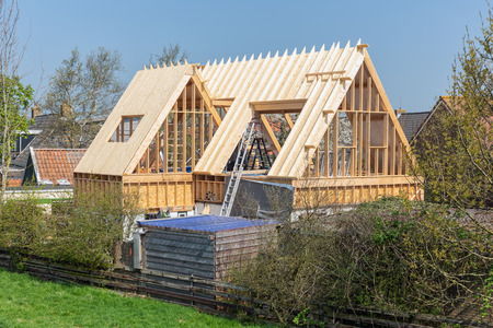 Construction site of building a new house of wood in Makkum, The Netherlandsの写真素材