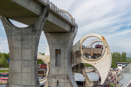 Falkirk, Scotland - May 19, 2018: Ships in Falkirk Wheel, rotating boat lift in Scotland, which connects the Forth and Clyde Canal with the Union Canal.のeditorial素材