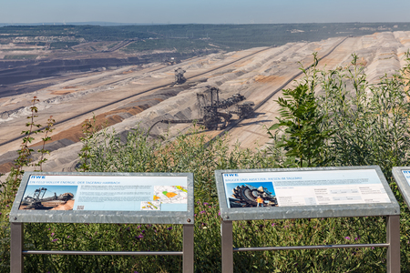 Hambach lignite mine, Germany - June 28 2018: Viewpoint with information panels near Hambach brown coal mine in Germanyのeditorial素材