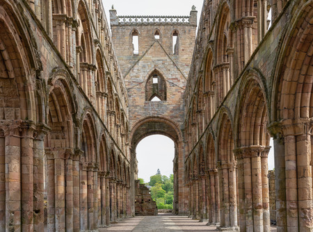 Jedburgh, Scotland - May 18, 2018: View at arches inside ruins of Jedburgh abbey in Scottish bordersのeditorial素材
