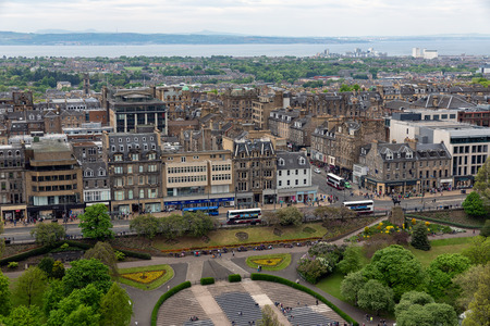 Edinburgh, Scotland - May 20, 2018: Cityscape Edinburgh with Princes Street gardens, Aerial view from Edinburgh castleのeditorial素材