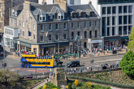 Edinburgh, Scotland - May 24, 2018: Cityscape Edinburgh with department stores Princes Street, Aerial view from Edinburgh castleのeditorial素材
