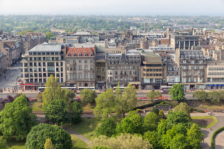 Edinburgh, Scotland - May 24, 2018: Cityscape Edinburgh with Princes Street gardens, Aerial view from Edinburgh castleのeditorial素材