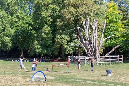 Luxembourg city, Luxembourg - August 18, 2018: Parc municipal in Luxembourg city with recreating people playing badmintonのeditorial素材