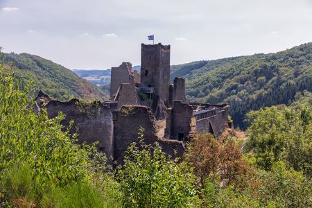 Brandenbourg, Luxembourg - August 22, 2018: Medieval ruin of Brandenbourg castle at hill in Ardennes 70 meter above village of Brandenbourgのeditorial素材