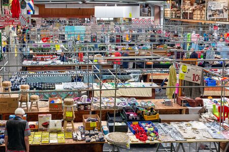 Weerselo, The Netherlands - August 16, 2019: Dutch inside flea market with market stands and...