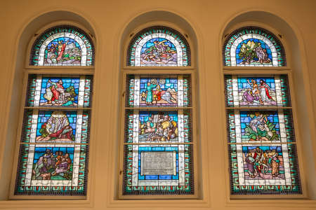 Budapest, Hungary - Juli 12, 2019: Stained-glass windows of the Great Synagogue - Tabakgasse Synagogue - in Budapest, Hungary.のeditorial素材