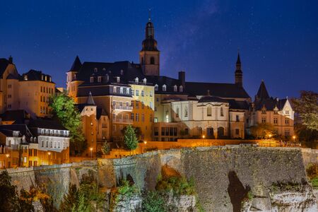 Night view at Illuminated medieval skyline of Luxembourg cityの写真素材