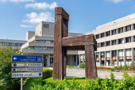 Luxembourg city, Luxembourg- August 19, 2018: Big chair sculpture, modern architecture in the EU district of Kirchberg, Luxembourgのeditorial素材