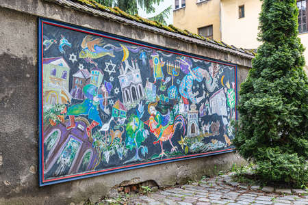 Krakow, Poland - May 16, 2019: Wall painting in Jewish Quarter Kazimierz in Krakowのeditorial素材
