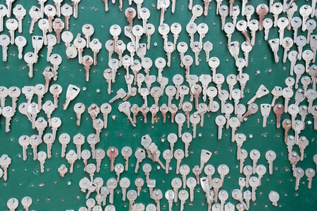 Funchal at Madeira, Portugal - August 01, 2014: Green wall with many metal keys haning at a nail