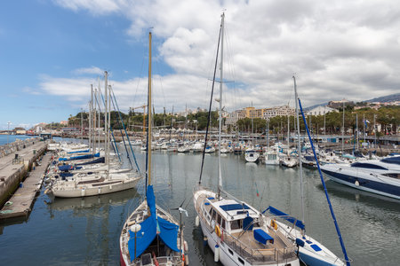 Funchal at Madeira, Portugal - August 01, 2014: Marina with floating jettys and moored sailing shipsのeditorial素材