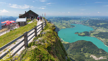 Sankt Wolfgang, Austria - Juli 19, 2017: Mountain hut at beautiful viewpoint top Schafberg near Sankt Wolfgang in Austriaのeditorial素材