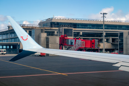 Wing of airplane taxiing at runway La Palma airportのeditorial素材