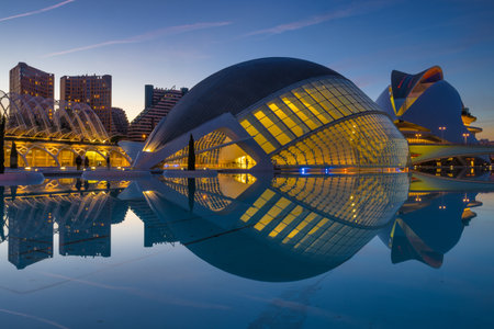Panoramic night view City of Arts and Sciences in Valenciaの写真素材