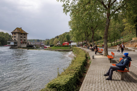 Tourist promenade along the Rhine near Rhine Fallsのeditorial素材