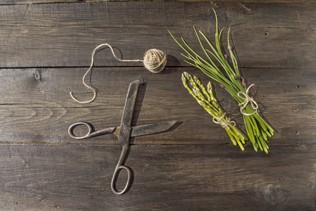 bunches of fresh onion, asparagus and sorrelの写真素材