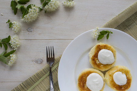 cheesecakes with sour cream and flowers spireaの写真素材