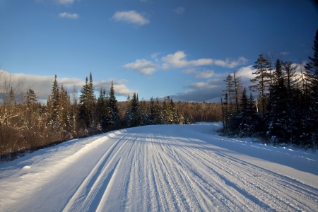 A snowy road leading into the woods in the White Mountains of New Hampshire.の写真素材