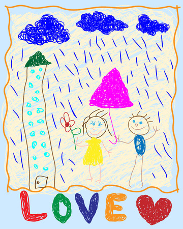 Picture of a young child. Loving couple in the rain.のイラスト素材