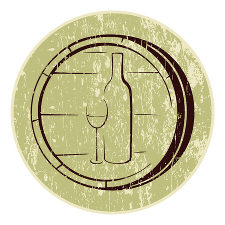 Wine bottle and glass on background wooden barrels. のイラスト素材