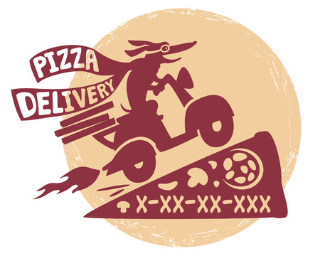 Funny dog on a motor scooter .Emblema quick delivery pizza.のイラスト素材