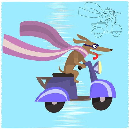 Cartoon dog rides on a motor scooter at high speed.のイラスト素材