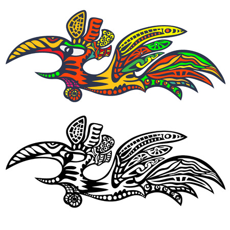 Flying Rooster. Abstract color logo and a black outline.のイラスト素材