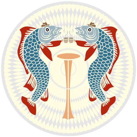 Logo for coffee shop. Two fish drink coffee beside the table.のイラスト素材