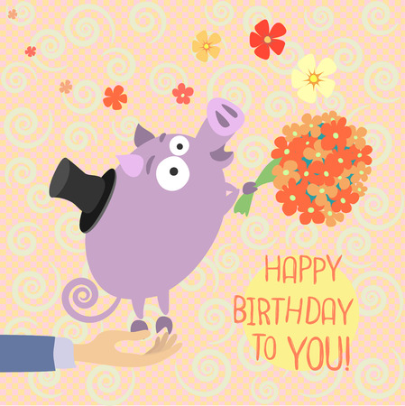 Greeting card with cute little pig who gives flowers.のイラスト素材
