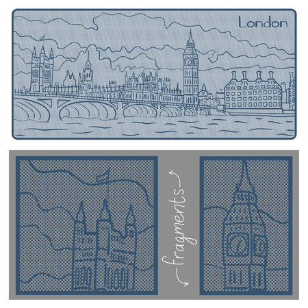 Cartoon style illustration of London City in blue colors.のイラスト素材